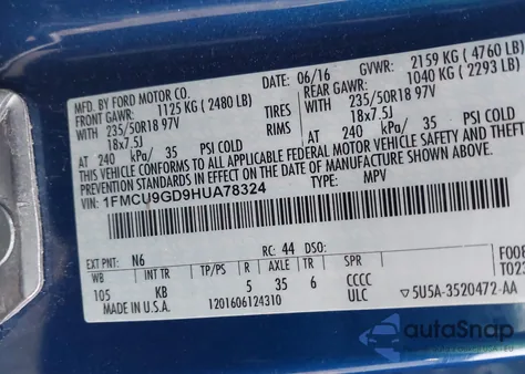 2017 Ford Escape Se из США, поврежденный, VIN 1FMCU9GD9HUA78324